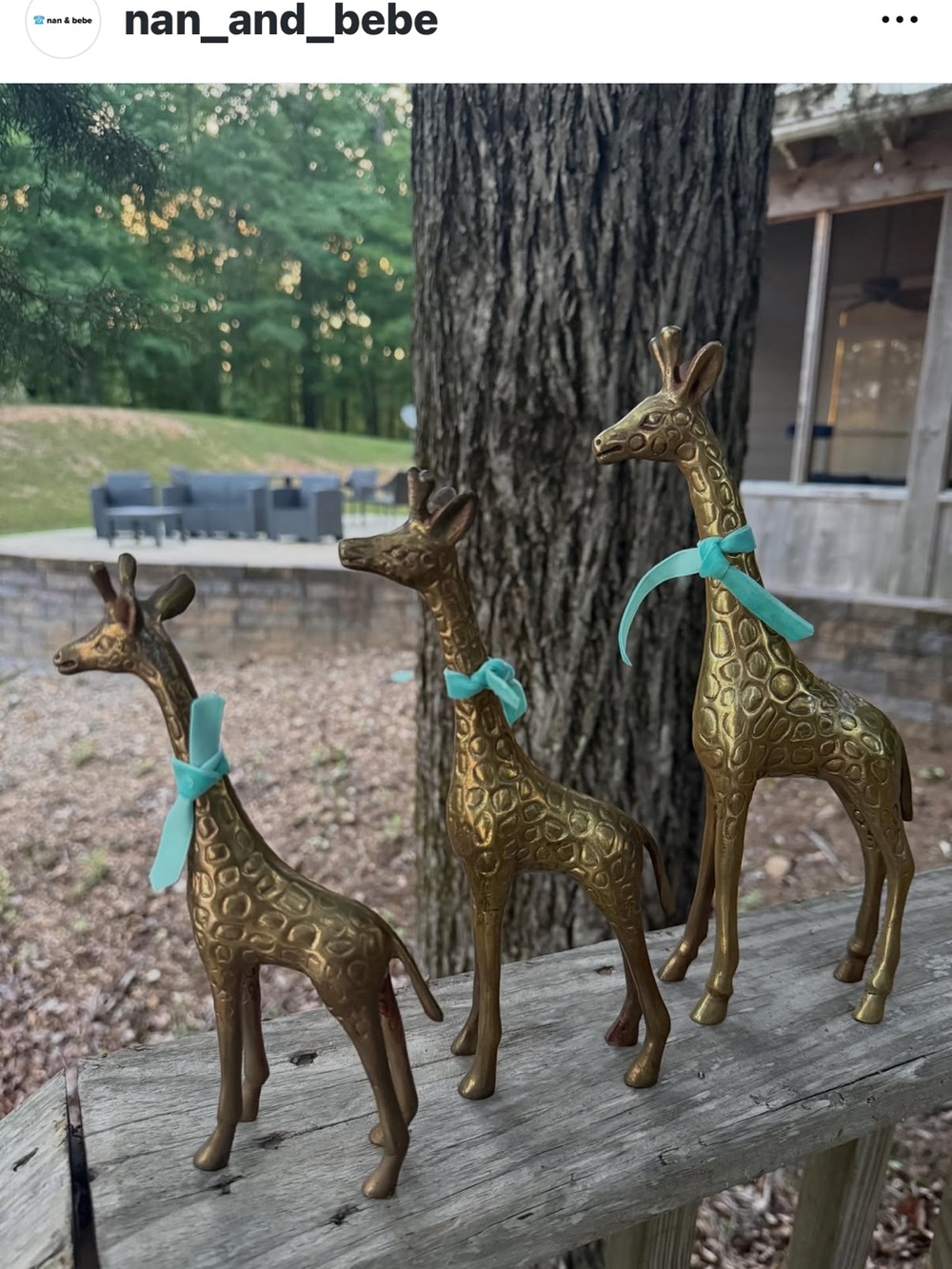 Set of 3 Brass Giraffe Figurines with Turquoise Bows